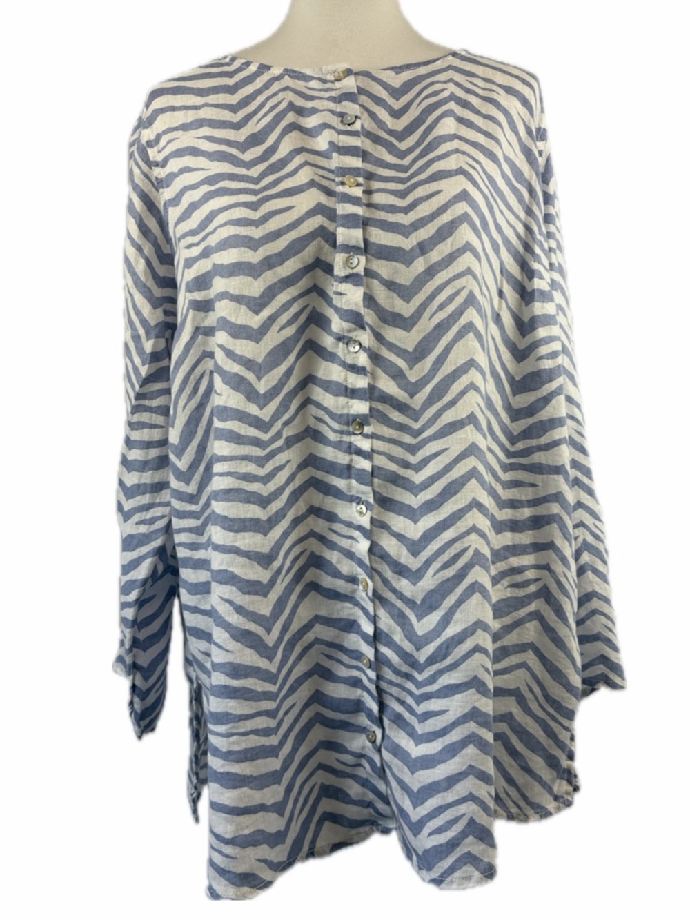 Tahari 100% Linen Zebra Stripe Tunic Top Size 2X Roll Tab Sleeve Coastal Beachy